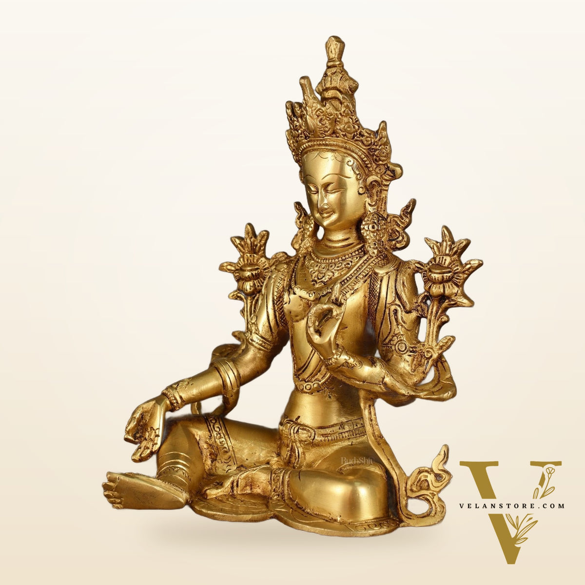 Pure Brass Green Tara Statue with Golden Hue | 10 Inch Height