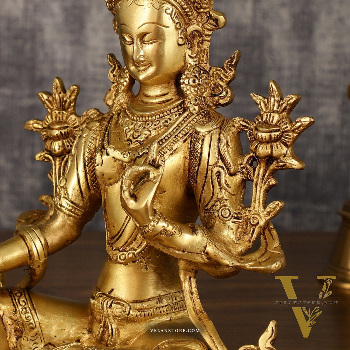 Pure Brass Green Tara Statue with Golden Hue | 10 Inch Height
