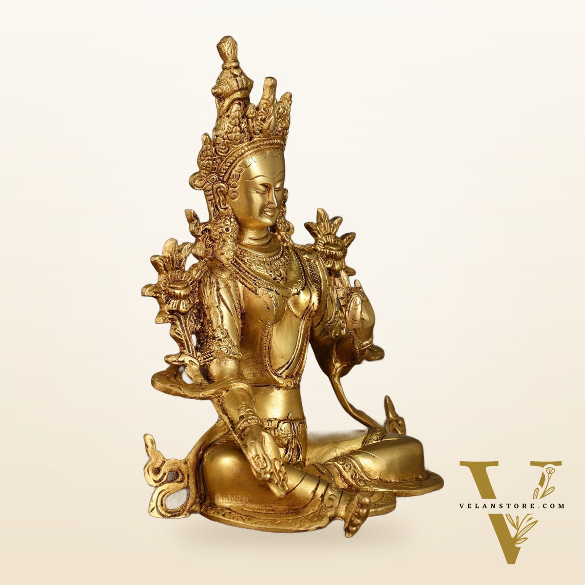 Pure Brass Green Tara Statue with Golden Hue | 10 Inch Height