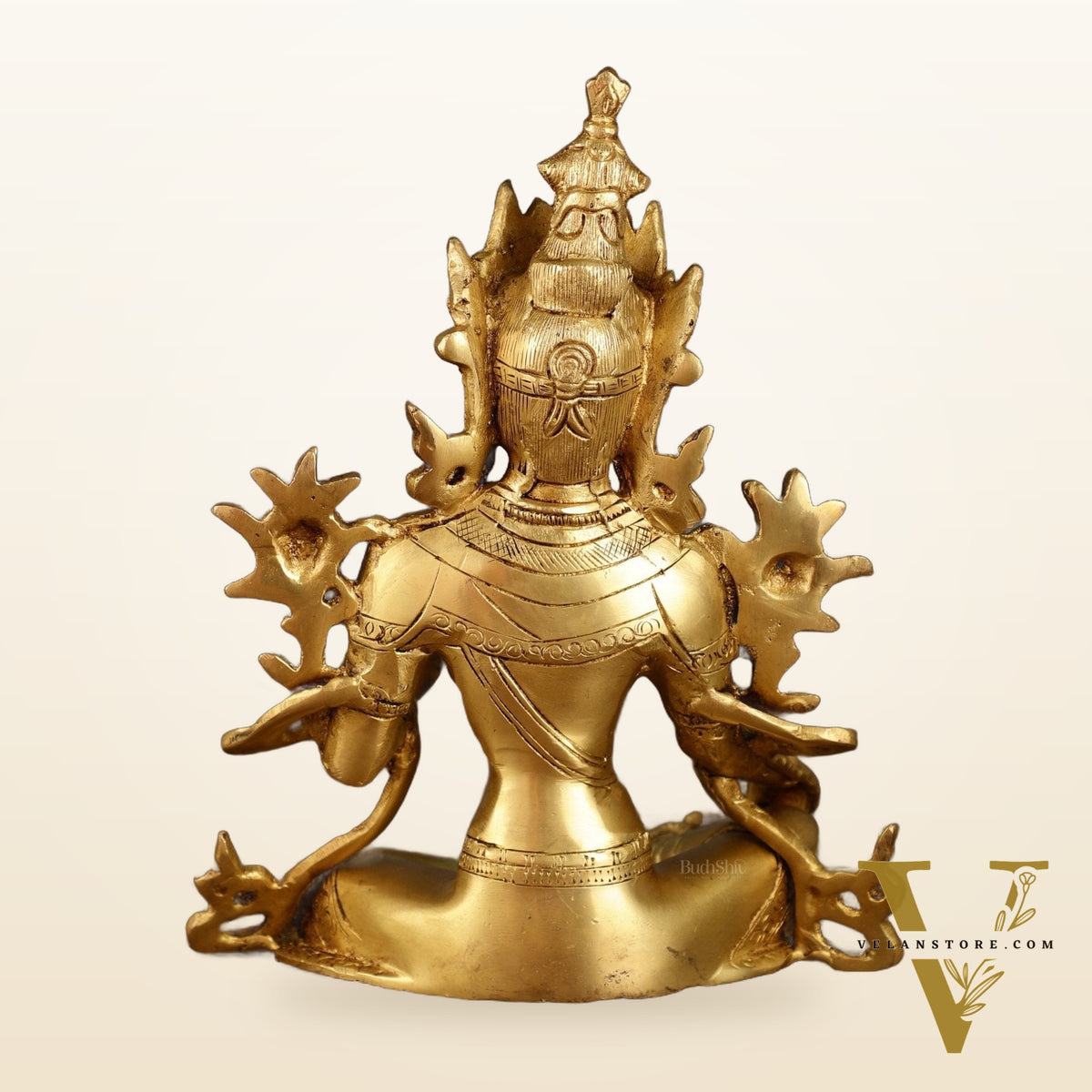Pure Brass Green Tara Statue with Golden Hue | 10 Inch Height