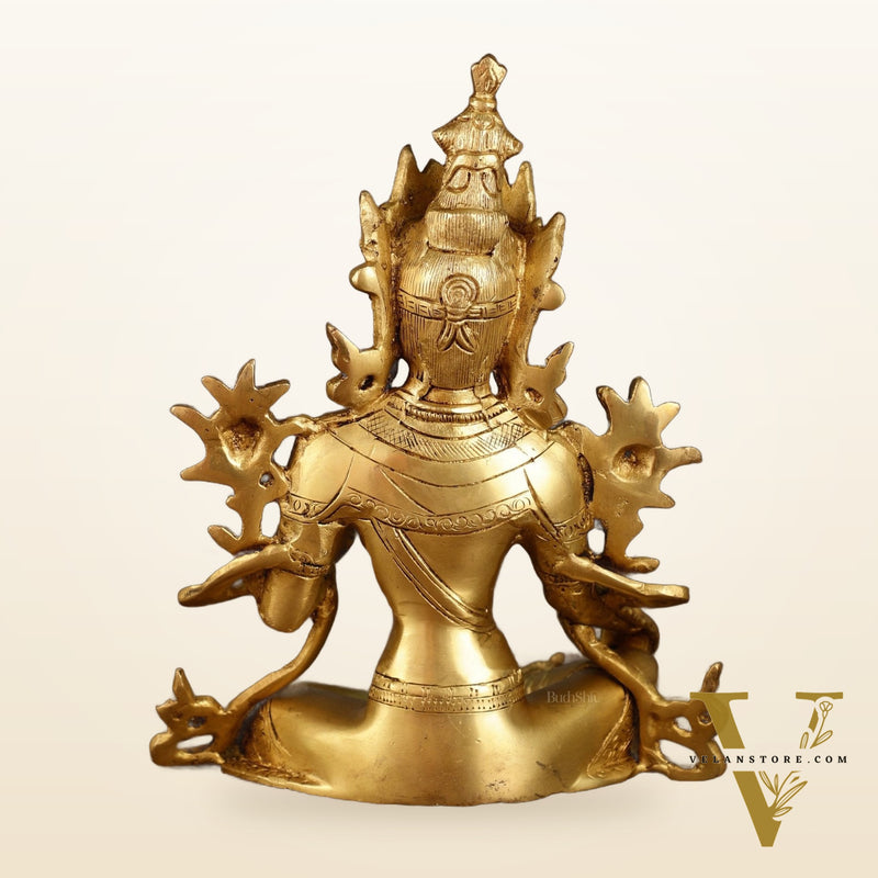 Pure Brass Green Tara Statue with Golden Hue | 10 Inch Height