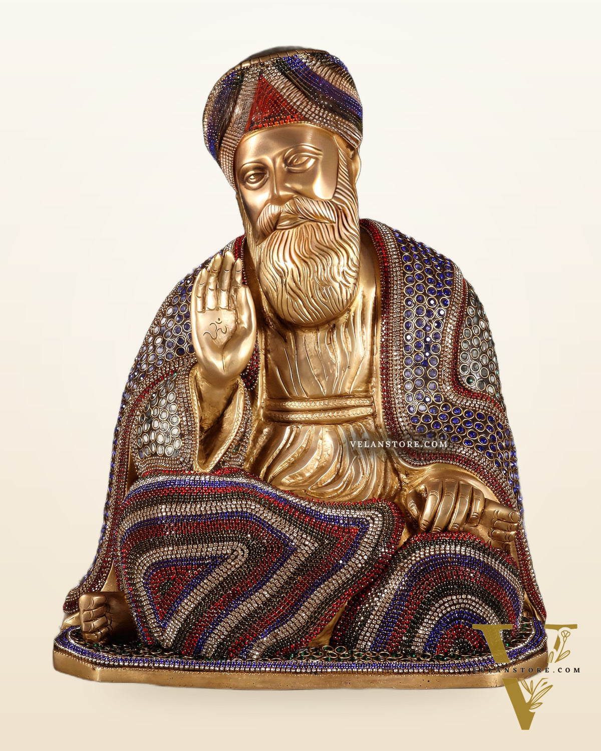 Pure Brass Guru Nanak Dev Ji Intricate Statue – Jeweled up, 13.5"