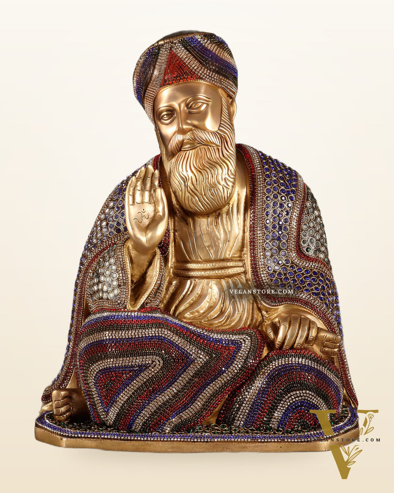 Pure Brass Guru Nanak Dev Ji Intricate Statue – Jeweled up, 13.5"