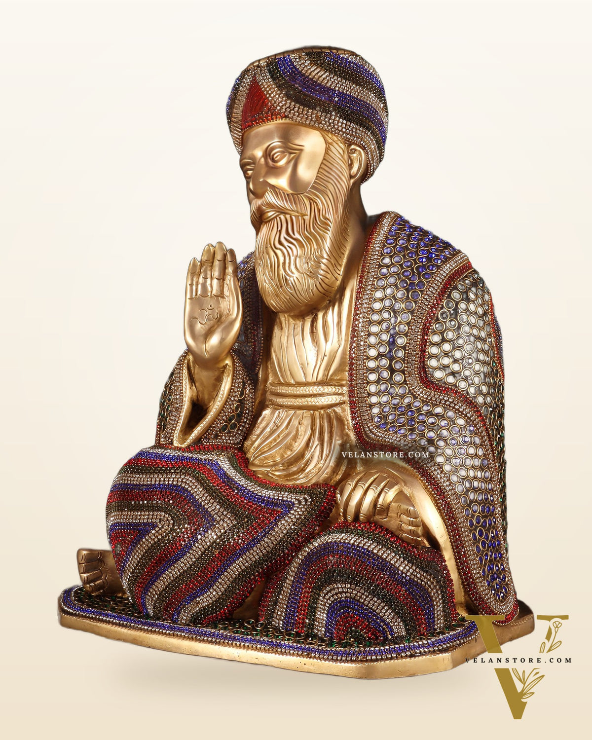 Pure Brass Guru Nanak Dev Ji Intricate Statue – Jeweled up, 13.5"