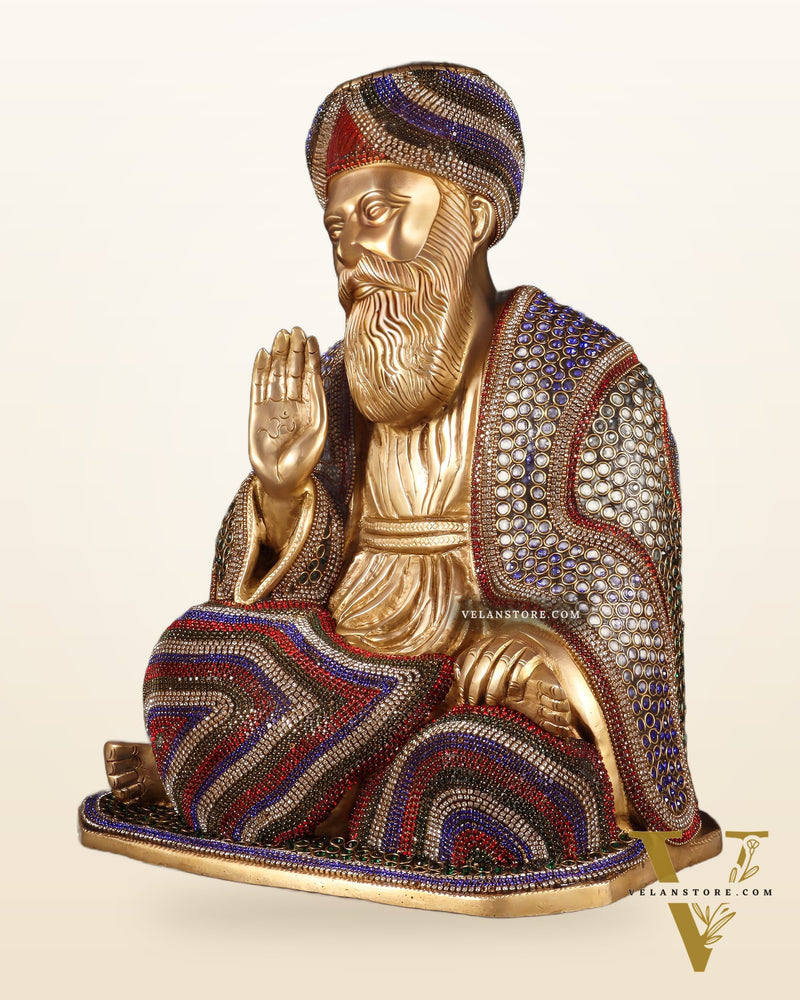 Pure Brass Guru Nanak Dev Ji Intricate Statue – Jeweled up, 13.5"