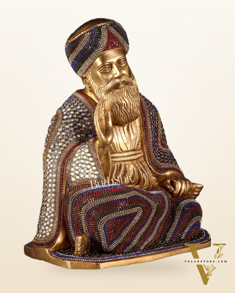 Pure Brass Guru Nanak Dev Ji Intricate Statue – Jeweled up, 13.5"