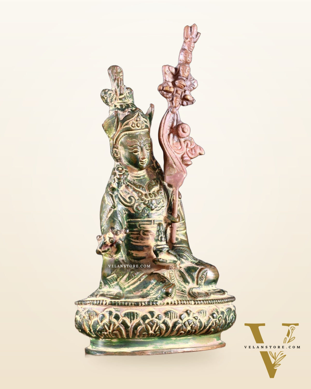 Pure Brass Guru Rinpoche Padmasambhava Statue – 6.5” green tone