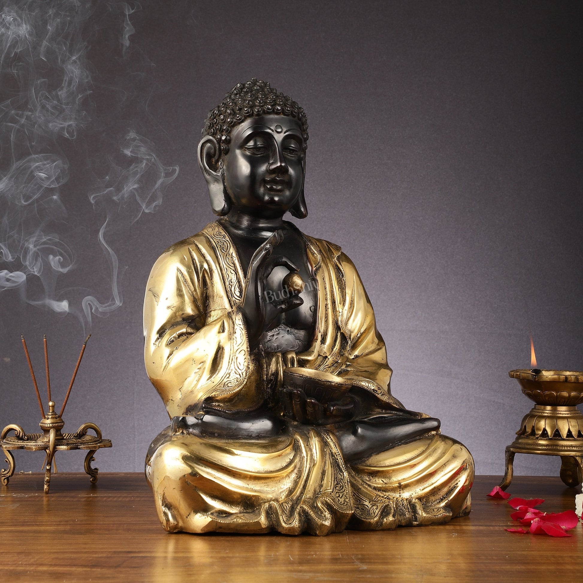 Pure Brass Gyana Buddha with medicine bowl 16 "
