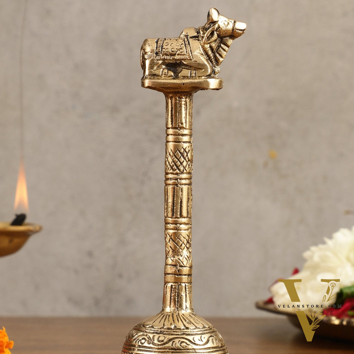 Pure Brass Hand Bell with Nandi - 7 in Height