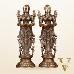 Pure Brass Handcrafted Deep Lakshmi Antique Pavaai Vilakku Pair - 12" Tall