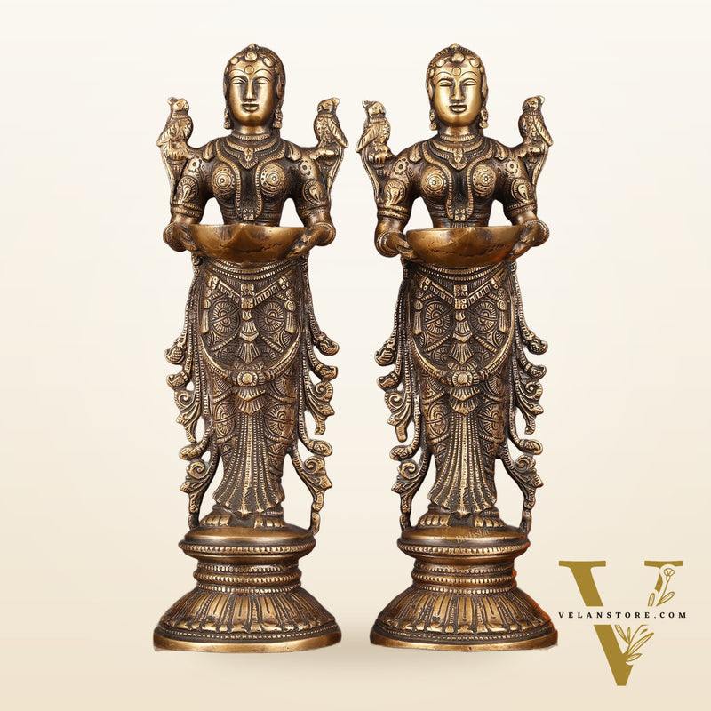 Pure Brass Handcrafted Deep Lakshmi Antique Pavaai Vilakku Pair - 12" Tall
