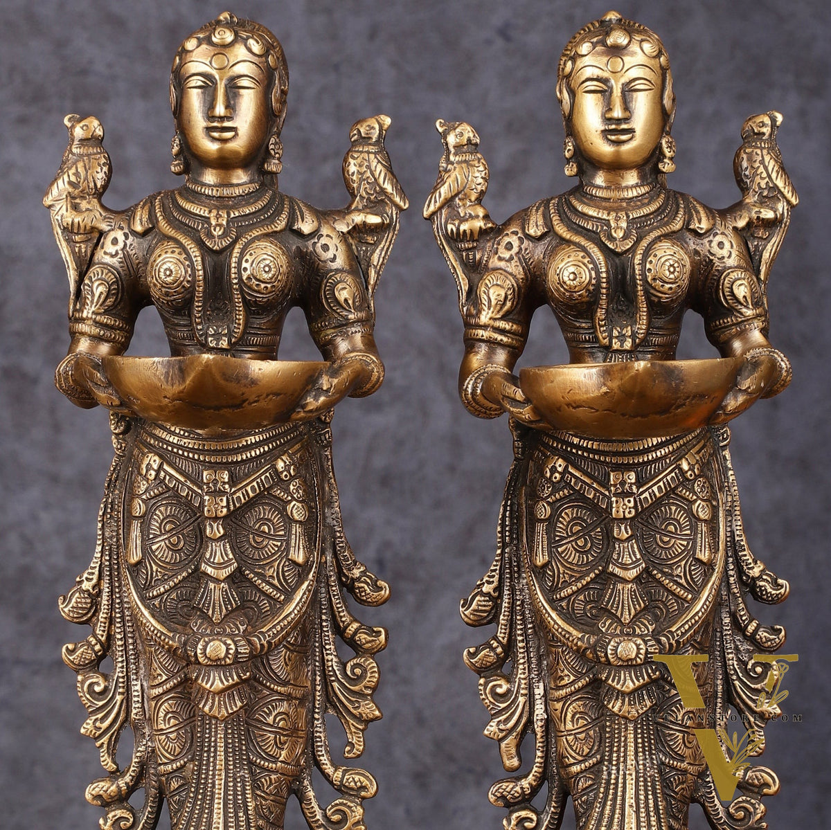 Pure Brass Handcrafted Deep Lakshmi Antique Pavaai Vilakku Pair - 12" Tall