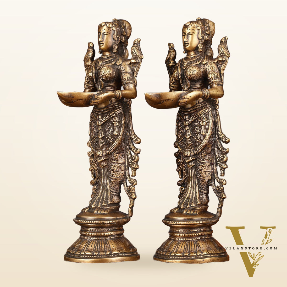 Pure Brass Handcrafted Deep Lakshmi Antique Pavaai Vilakku Pair - 12" Tall