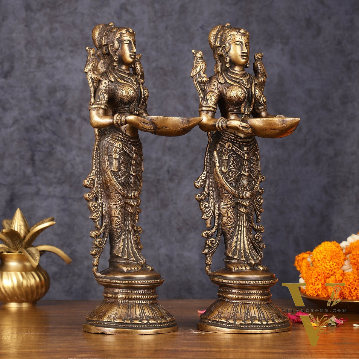 Pure Brass Handcrafted Deep Lakshmi Antique Pavaai Vilakku Pair - 12" Tall
