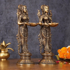 Pure Brass Handcrafted Deep Lakshmi Antique Pavaai Vilakku Pair - 12" Tall