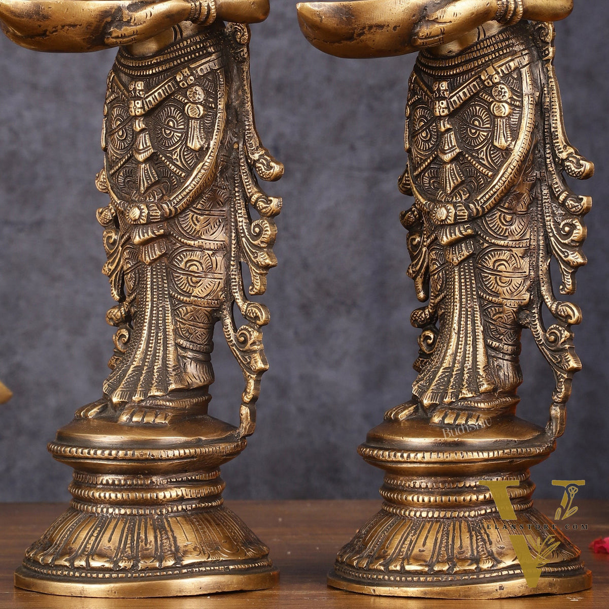 Pure Brass Handcrafted Deep Lakshmi Antique Pavaai Vilakku Pair - 12" Tall