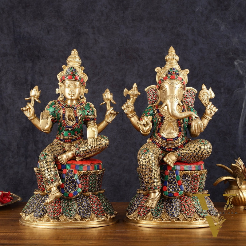 Pure Brass Handcrafted Ganesha and Lakshmi Idols - 15" | Symbol of Purity