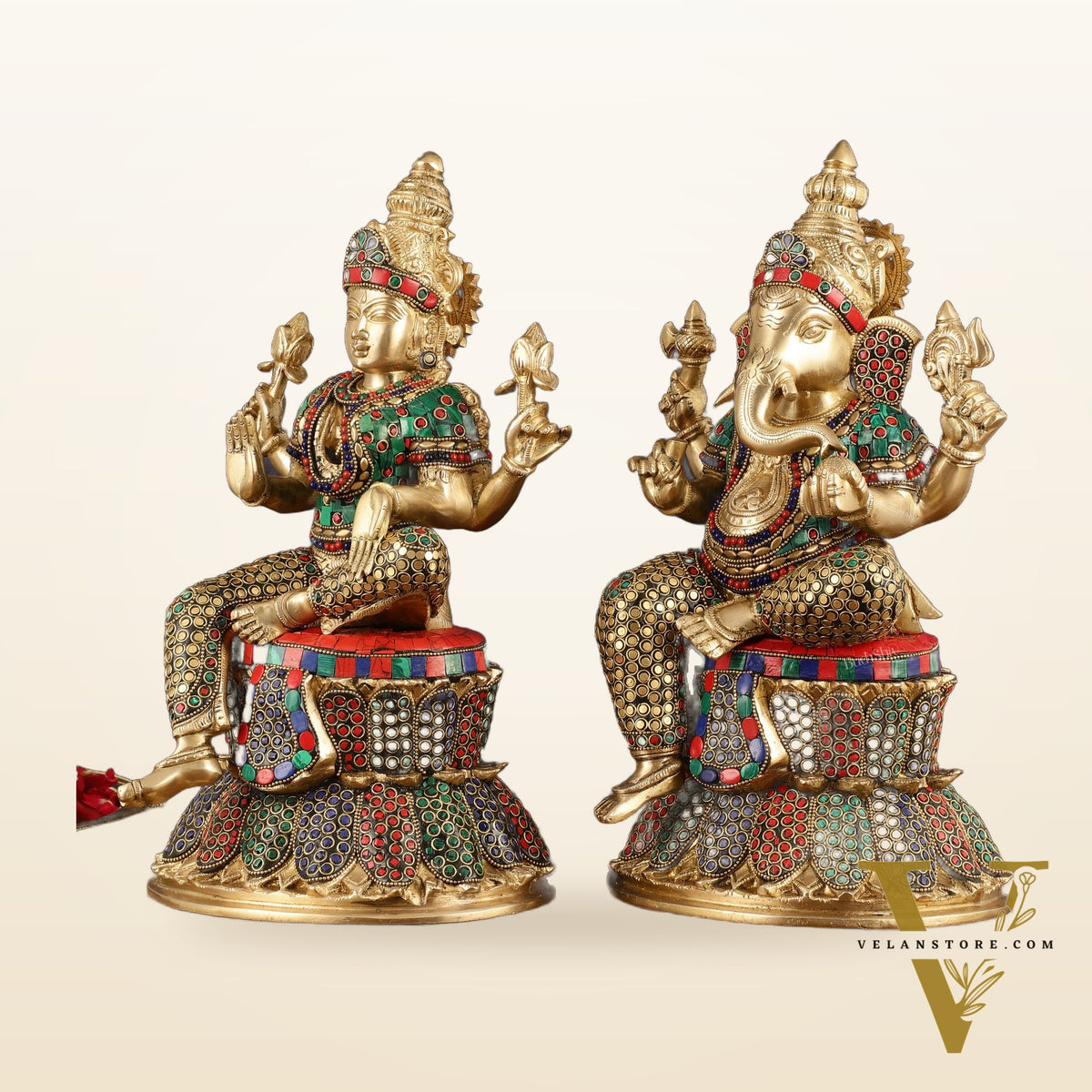 Pure Brass Handcrafted Ganesha and Lakshmi Idols - 15" | Symbol of Purity