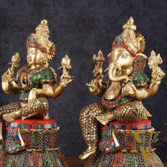 Pure Brass Handcrafted Ganesha and Lakshmi Idols - 15" | Symbol of Purity