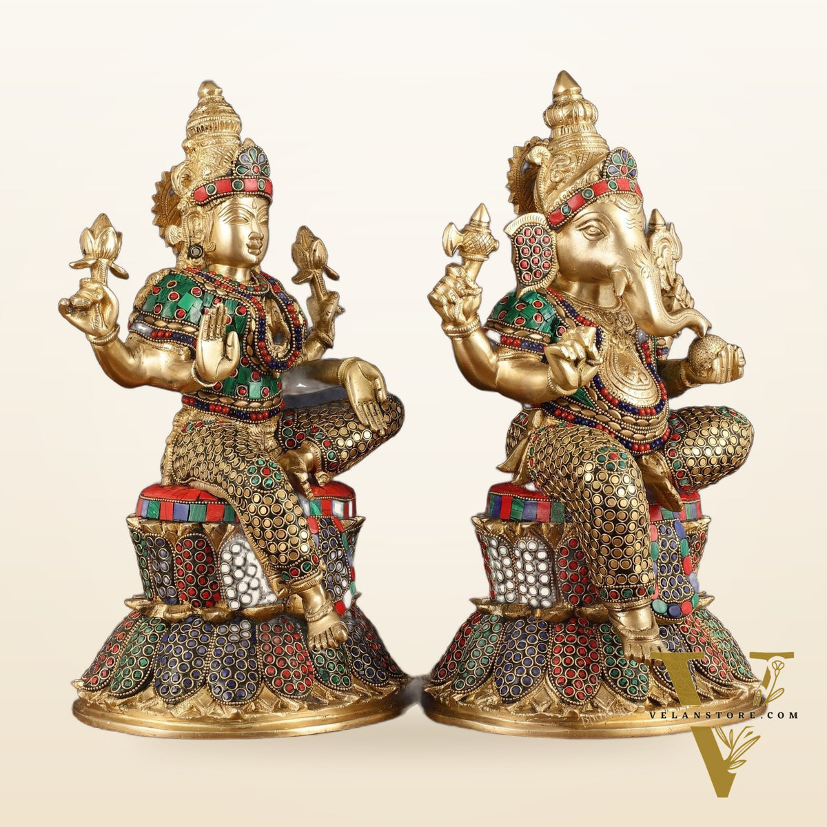 Pure Brass Handcrafted Ganesha and Lakshmi Idols - 15" | Symbol of Purity