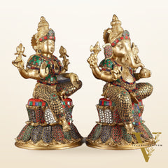 Pure Brass Handcrafted Ganesha and Lakshmi Idols - 15" | Symbol of Purity