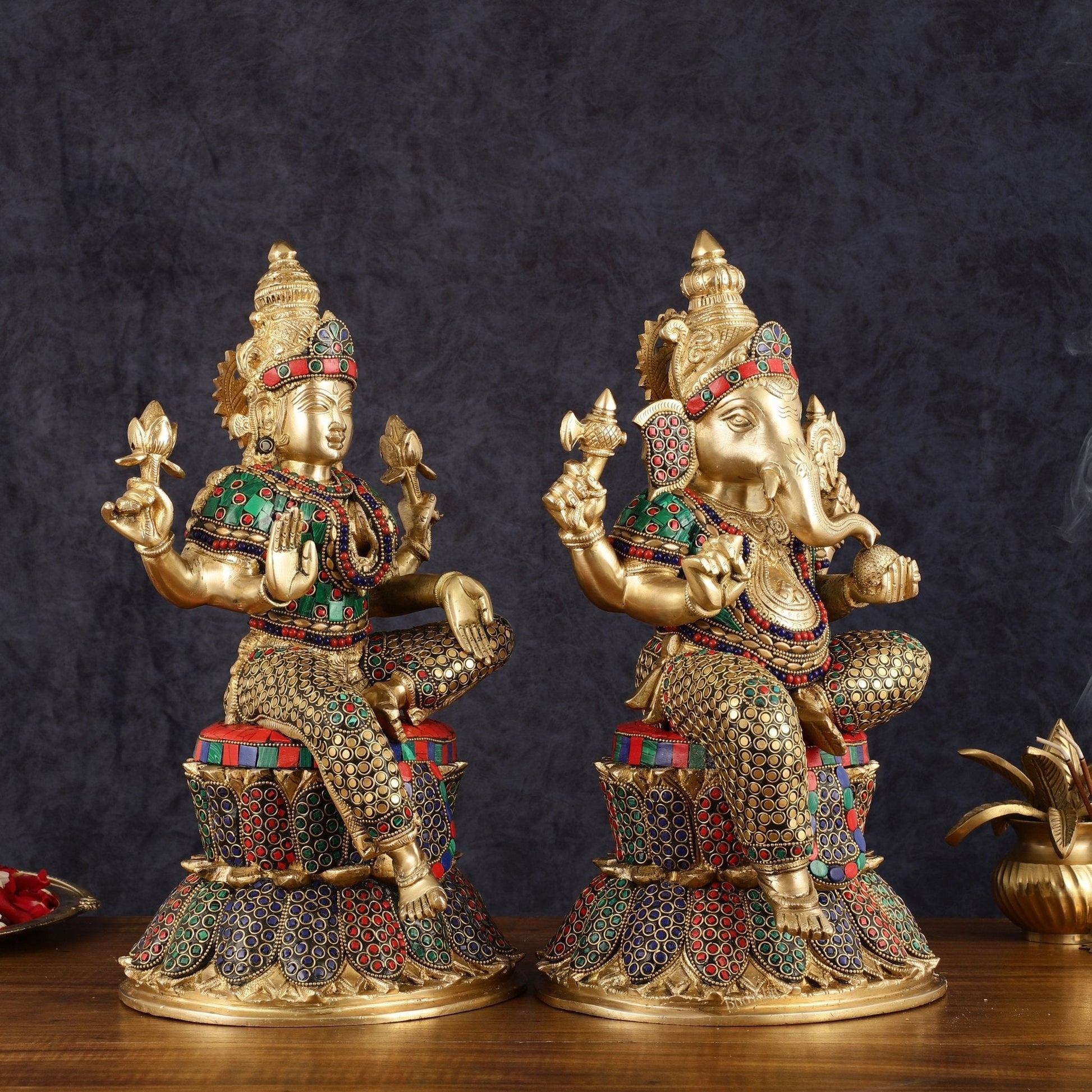 Pure Brass Handcrafted Ganesha and Lakshmi Idols - 15" | Symbol of Purity