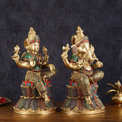 Pure Brass Handcrafted Ganesha and Lakshmi Idols - 15" | Symbol of Purity