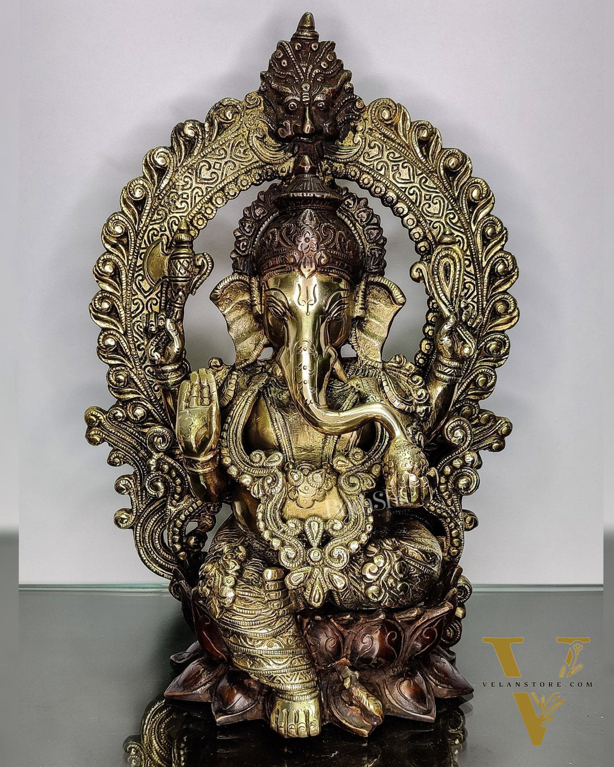 Pure Brass Handcrafted Ganesha Idol - 15.5" Height, Brown and Gold Antique Finish