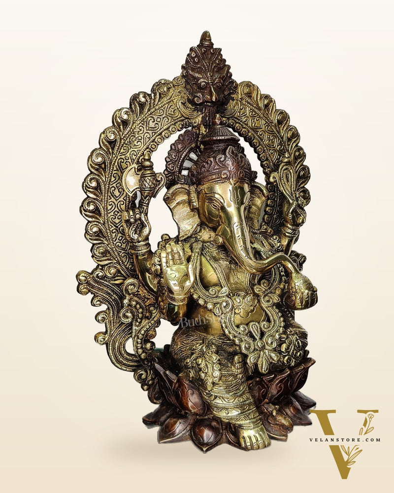 Pure Brass Handcrafted Ganesha Idol - 15.5" Height, Brown and Gold Antique Finish