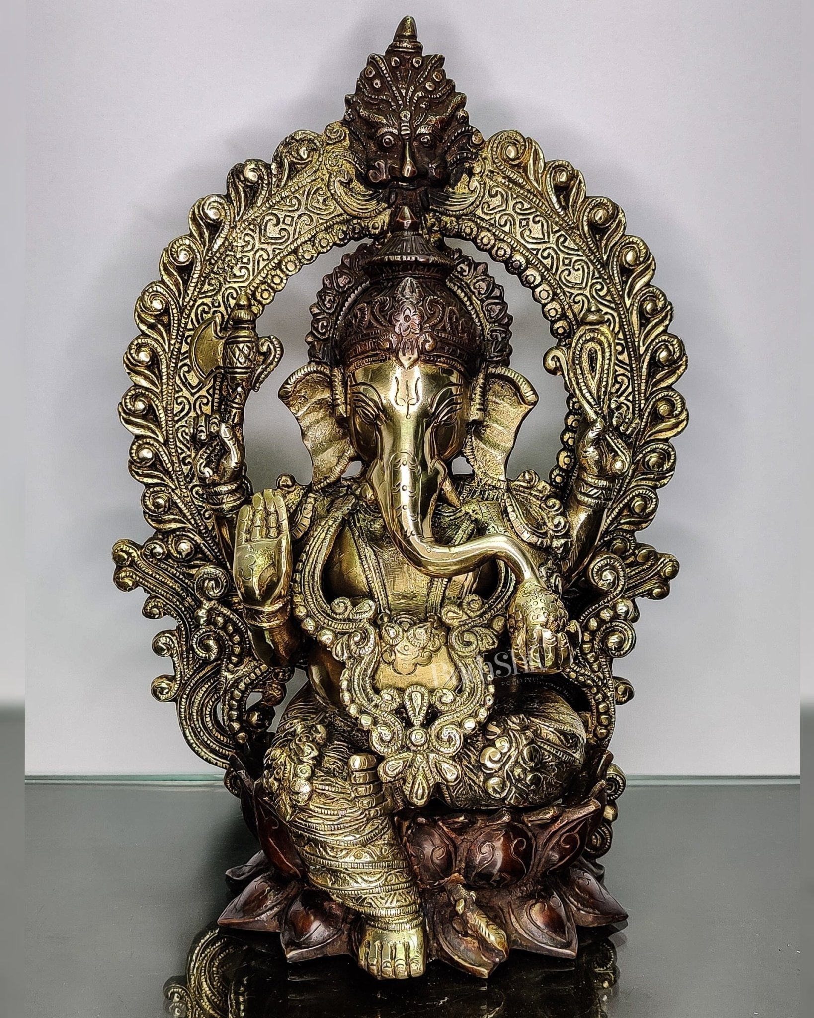 Pure Brass Handcrafted Ganesha Idol - 15.5" Height, Brown and Gold Antique Finish