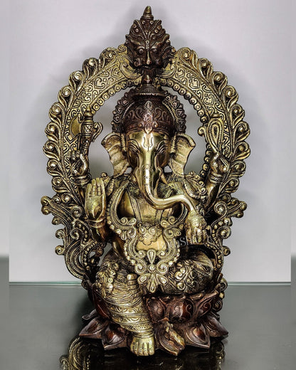 Pure Brass Handcrafted Ganesha Idol - 15.5" Height, Brown and Gold Antique Finish