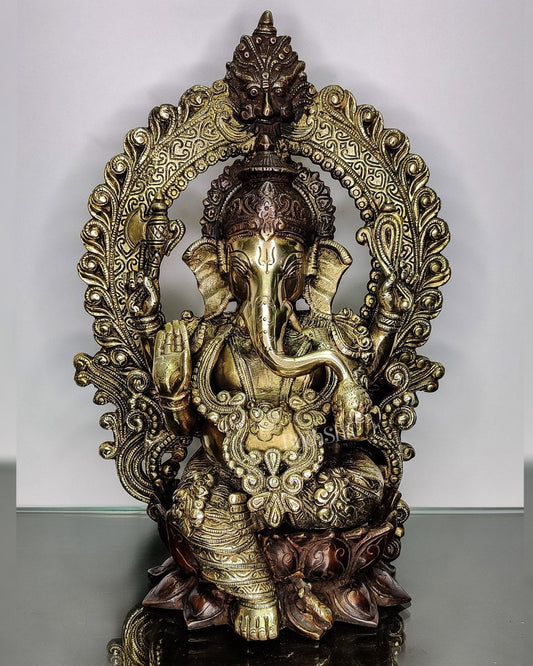 Pure Brass Handcrafted Ganesha Idol - 15.5" Height, Brown and Gold Antique Finish
