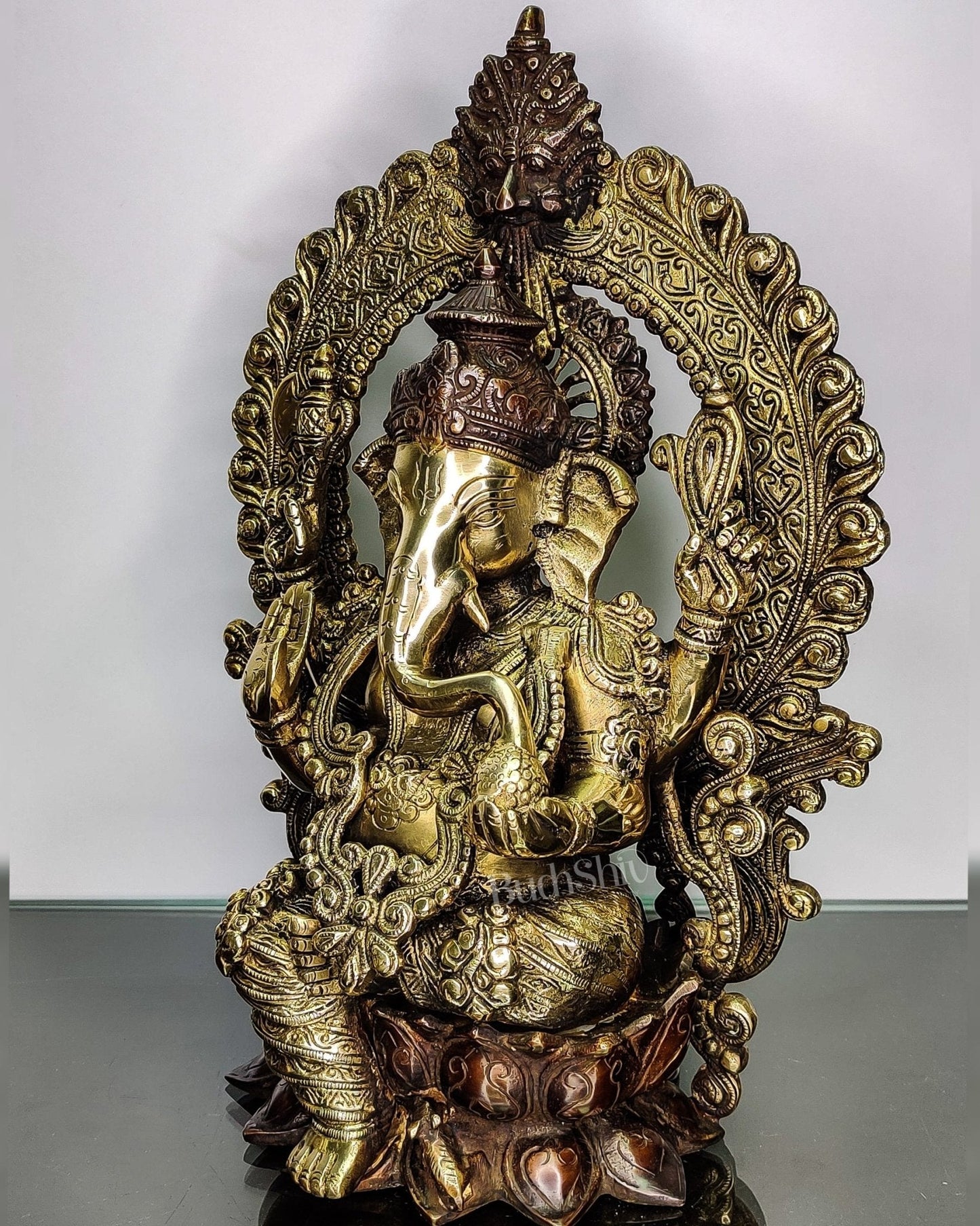 Pure Brass Handcrafted Ganesha Idol - 15.5" Height, Brown and Gold Antique Finish