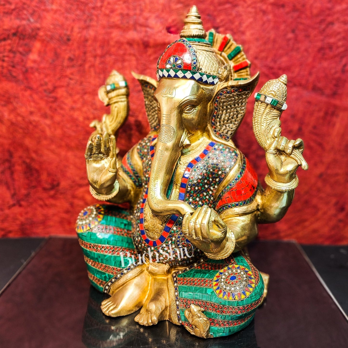 Pure Brass Handcrafted Ganesha Idol with Stonework | Height 20 inches | Blessing Posture