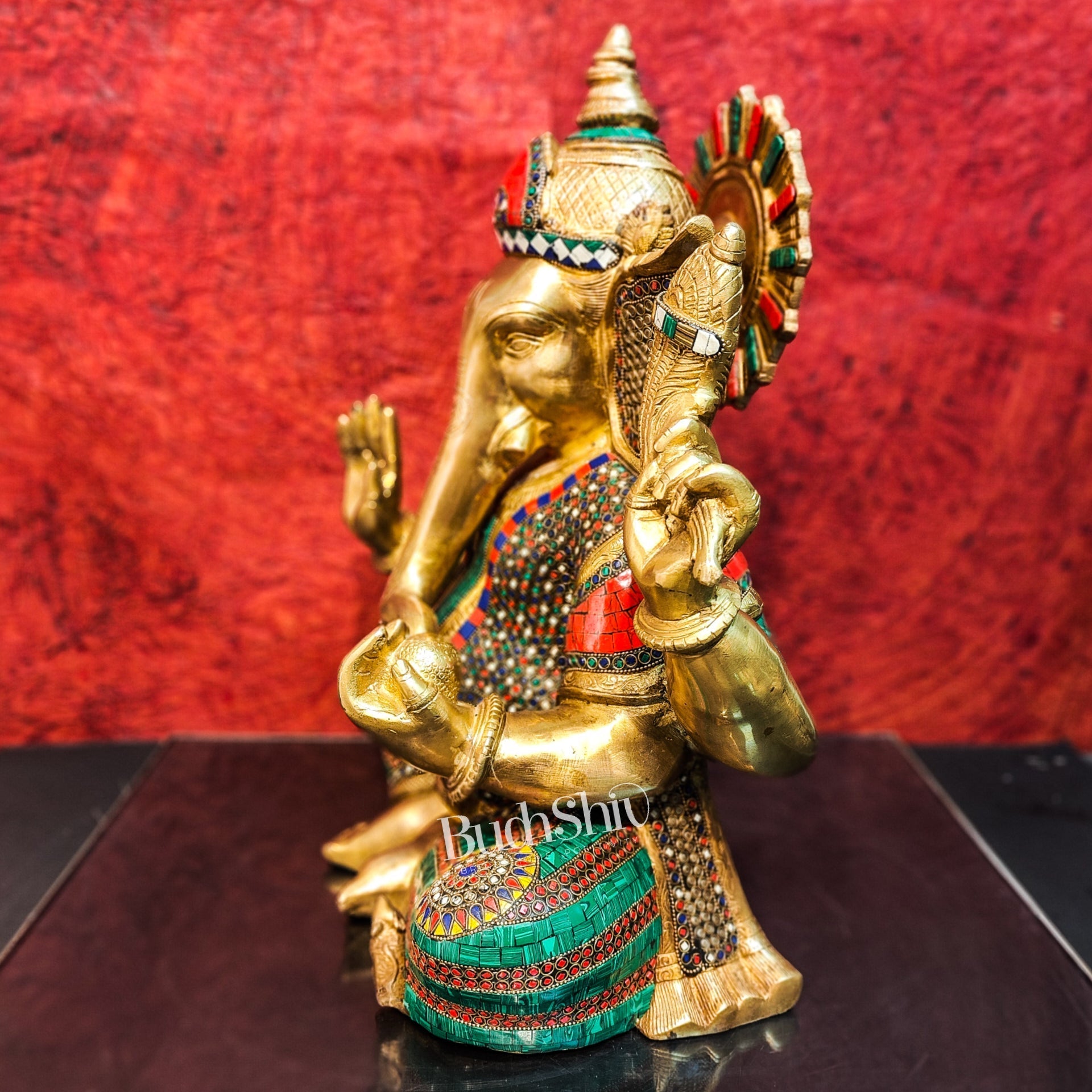 Pure Brass Handcrafted Ganesha Idol with Stonework | Height 20 inches | Blessing Posture