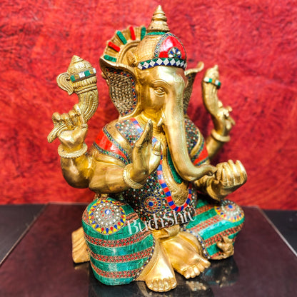 Pure Brass Handcrafted Ganesha Idol with Stonework | Height 20 inches | Blessing Posture