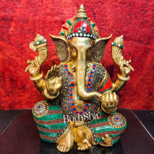 Pure Brass Handcrafted Ganesha Idol with Stonework | Height 20 inches | Blessing Posture