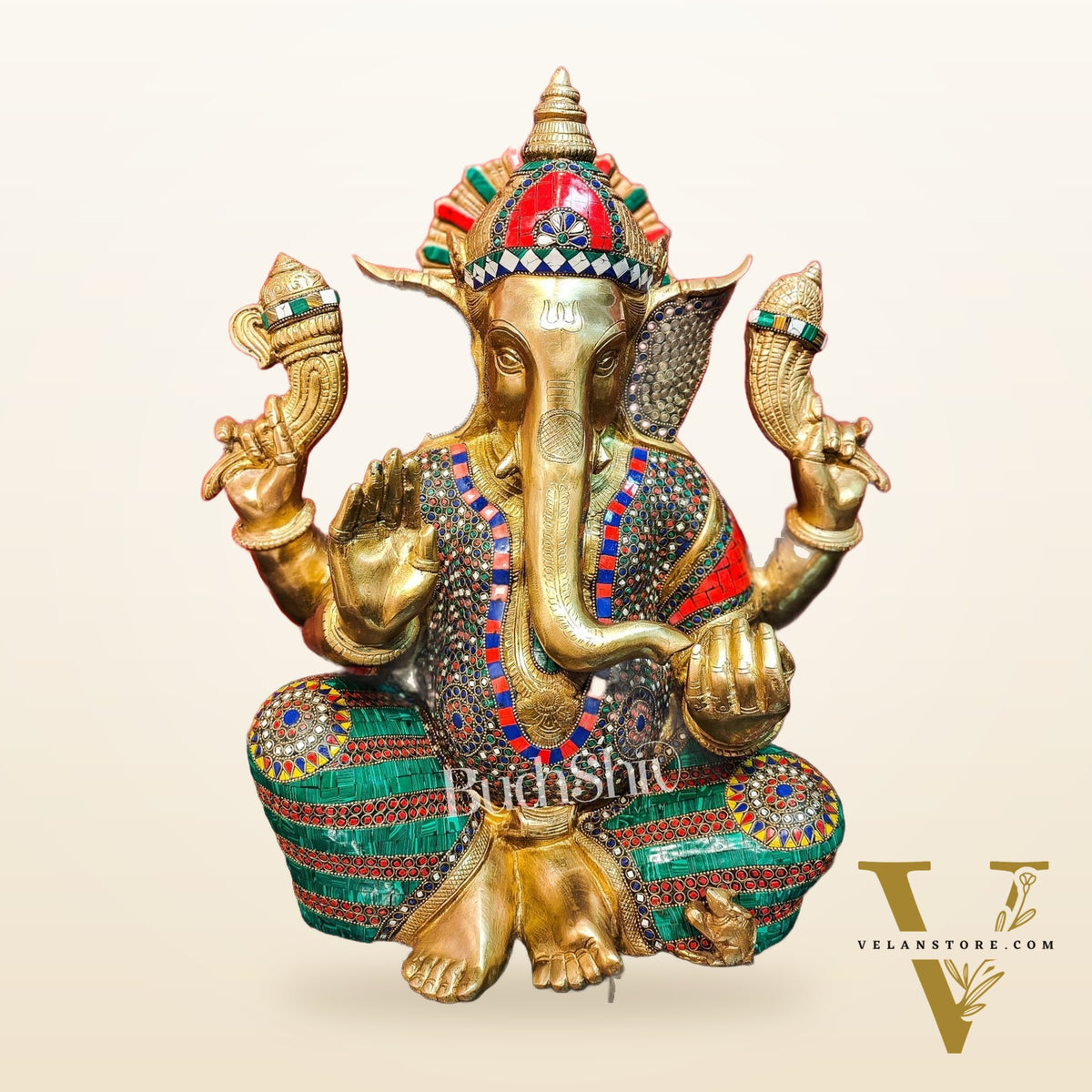 Pure Brass Handcrafted Ganesha Idol with Stonework | Height 20 inches | Blessing Posture