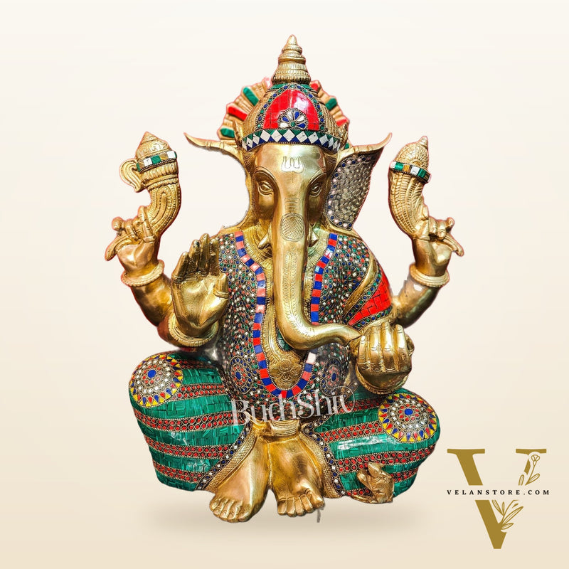 Pure Brass Handcrafted Ganesha Idol with Stonework | Height 20 inches | Blessing Posture
