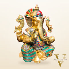 Pure Brass Handcrafted Ganesha Idol with Stonework | Height 20 inches | Blessing Posture