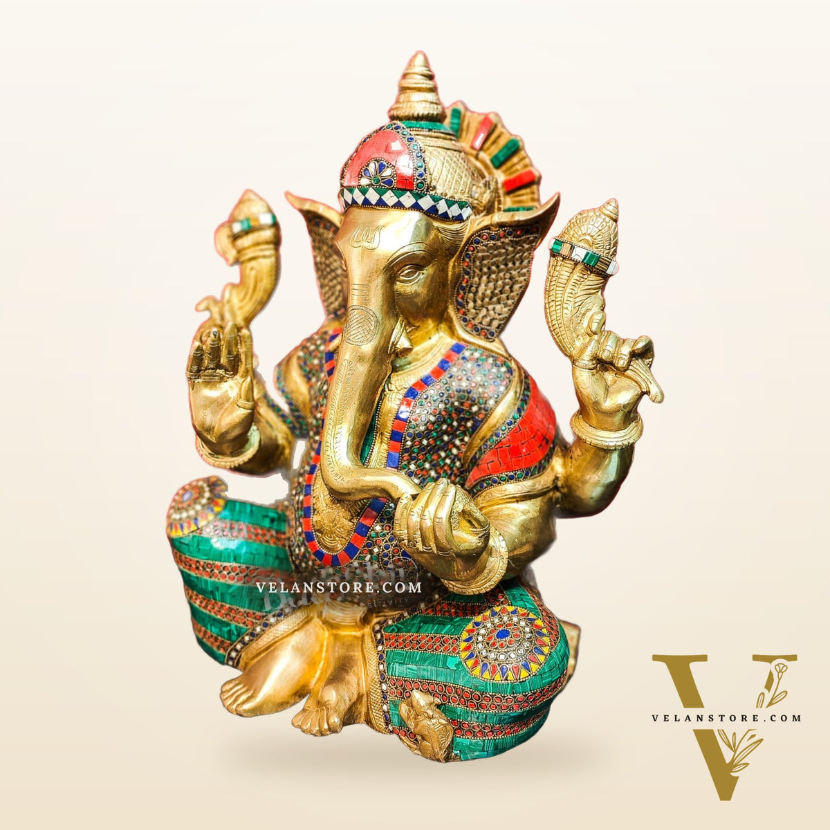 Pure Brass Handcrafted Ganesha Idol with Stonework | Height 20 inches | Blessing Posture