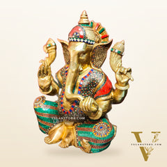 Pure Brass Handcrafted Ganesha Idol with Stonework | Height 20 inches | Blessing Posture