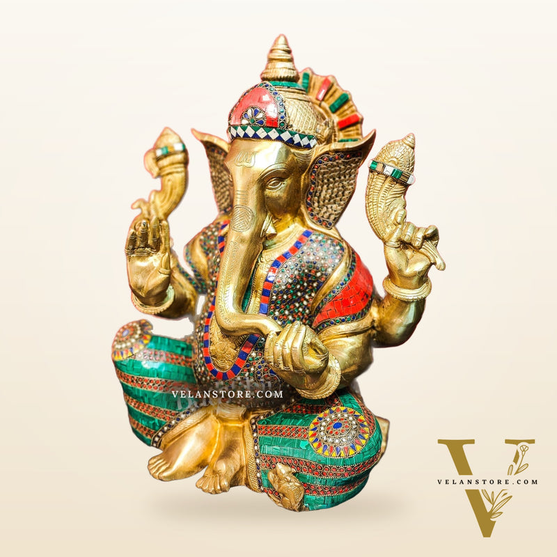 Pure Brass Handcrafted Ganesha Idol with Stonework | Height 20 inches | Blessing Posture