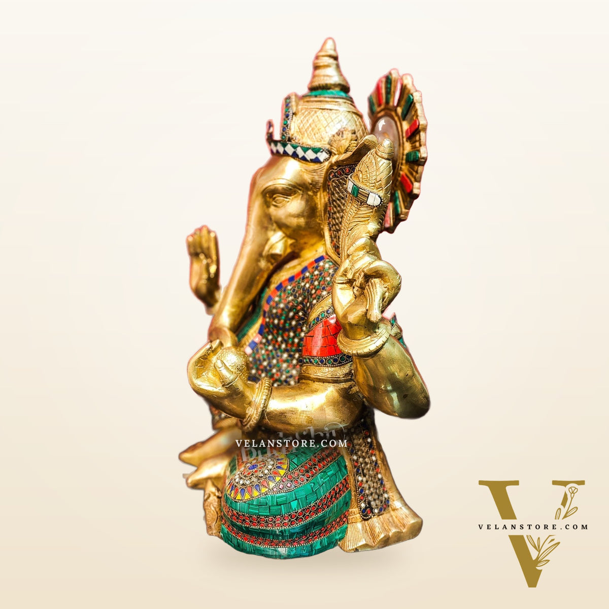 Pure Brass Handcrafted Ganesha Idol with Stonework | Height 20 inches | Blessing Posture