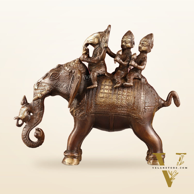Pure Brass Handcrafted Ganesha with Riddhi Siddhi on Elephant Statue - 7.5" antique brown