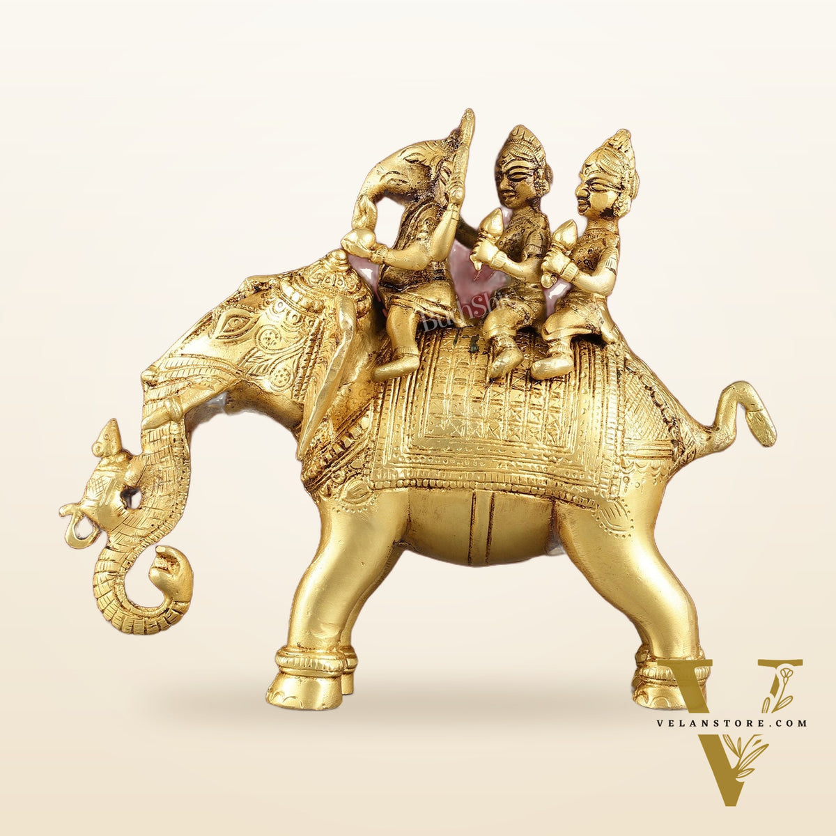 Pure Brass Handcrafted Ganesha with Riddhi Siddhi on Elephant Statue - 7.5"