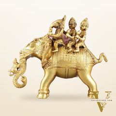 Pure Brass Handcrafted Ganesha with Riddhi Siddhi on Elephant Statue - 7.5"