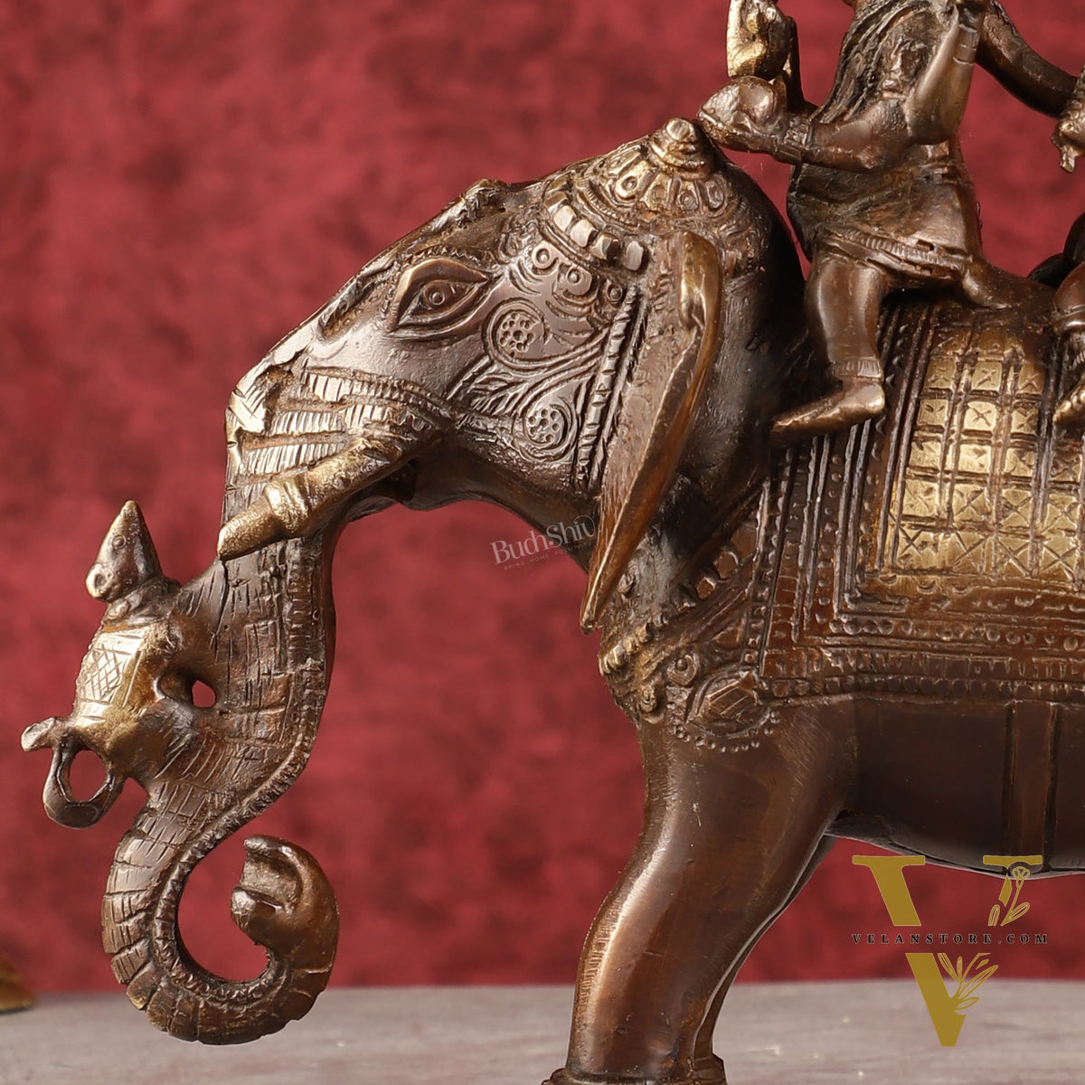 Pure Brass Handcrafted Ganesha with Riddhi Siddhi on Elephant Statue - 7.5" antique brown
