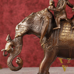 Pure Brass Handcrafted Ganesha with Riddhi Siddhi on Elephant Statue - 7.5" antique brown