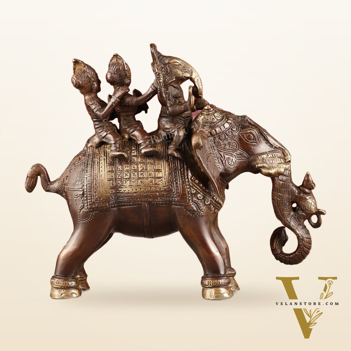 Pure Brass Handcrafted Ganesha with Riddhi Siddhi on Elephant Statue - 7.5" antique brown